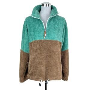 Kazane Teddy Fleece Half Zip Color Block Green Brown Unisex Size Small